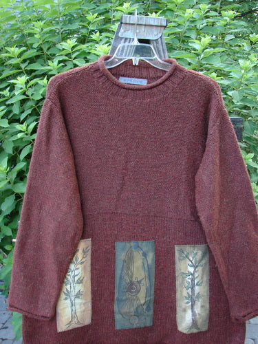 1998 Alpaca Patched Simple Tunic Sweater with nature-themed patches, ribbed collar, and oversized fit.