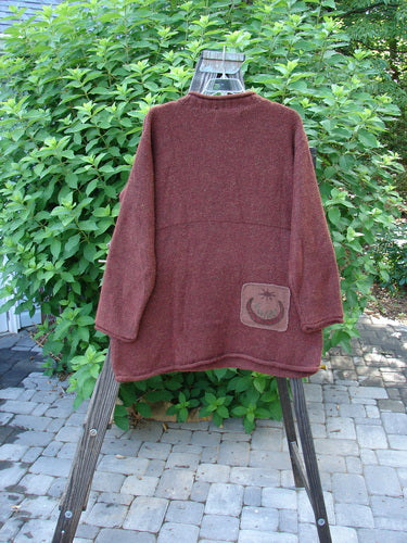 1998 Alpaca Patched Simple Tunic Sweater with oversized nature patches, ribbed collar, and dropped shoulders.