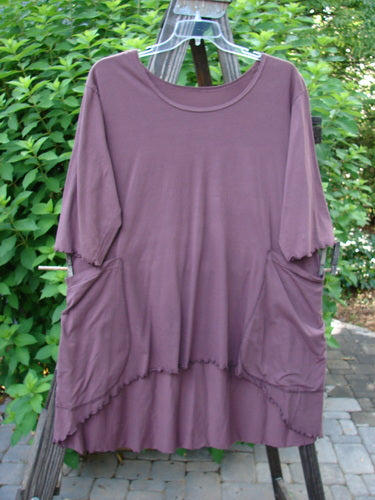 Barclay Curly Edge A Line Pocket Tunic Top Unpainted Raisin Size 1: A purple shirt with pockets on a clothes swinger.