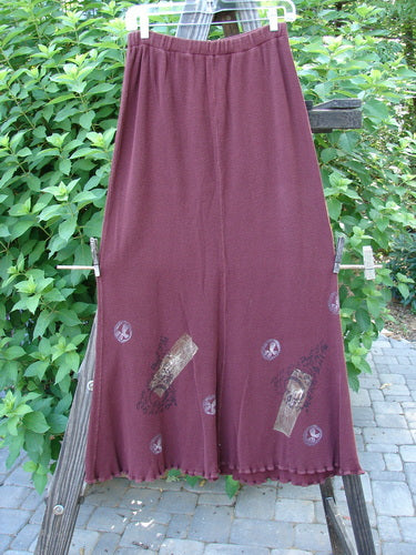 1996 Thermal Swirl Skirt Moon Cayenne Size 2: A long red skirt with a brown design, tags, and lettuce edging. Features a serious A-line flair and abstract theme paint.