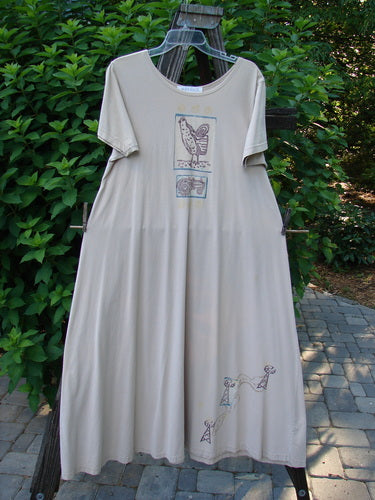 1996 Short Sleeved Basic Dress with Farm Life Theme, Dune, Size 0: Dynamic dress with adjustable drawcord back, Blue Fish patch, and flowing seamless front.