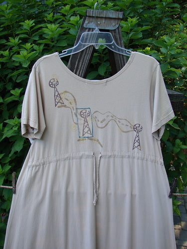 1996 Short Sleeved Basic Dress with Farm Life drawing on tan fabric, size 0.