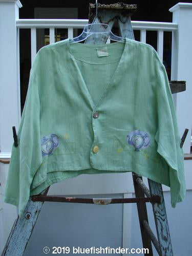 1999 Weathervane Jacket Tea Heart Spearmint Size 2: A green sweater with unique buttons and a V-shaped neckline on a ladder.