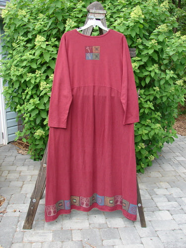 Barclay Hemp Cotton Curved A Line Dress with Tree of Life motif. Extra long length, wide A-line shape, cozy sleeves. Bust 52, Waist 56, Hips 58, Sweep 90. Length 57 inches.