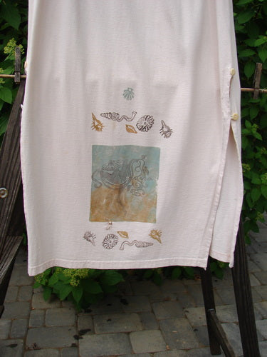 Image alt text: 1994 Panel Skirt Daisy Lane Tea Dye Size 2: White towel on rack, sea creatures print, close-up of plant, teapot