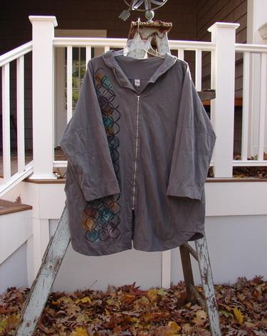 Barclay Cotton Lycra Zip Draw Back Jacket: Grey jacket with zipper and sailor-like collar. Paneled hemline, sleeves, and back. Size 1.