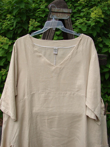 Image alt text: Barclay Linen Urchin Side Pocket Tunic Dress, size 2, on a swinger with three-quarter length sleeves and an empire waist seam.