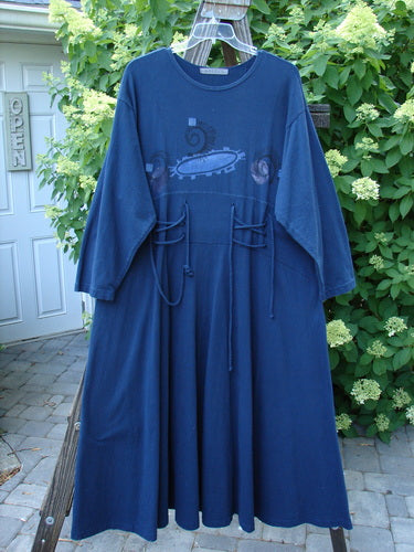 1997 Caryatid Dress Abstract Window Pane Size 2: A vintage blue dress with adjustable laces in the front and back. Features drop shoulders, an abstract theme paint, and a sweeping A-line lower. Made from mid-weight organic cotton.