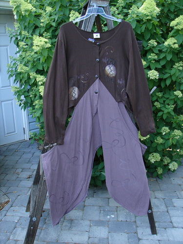 Barclay NWT Calligrapher's Jacket in Lilac Mocha, a long brown shirt with a unique design. Perfect condition, made from organic cotton. Dramatic shape with dippy sides and open hips. Can be worn open or buttoned, with a deep V neckline. Features a specialized four-button front.