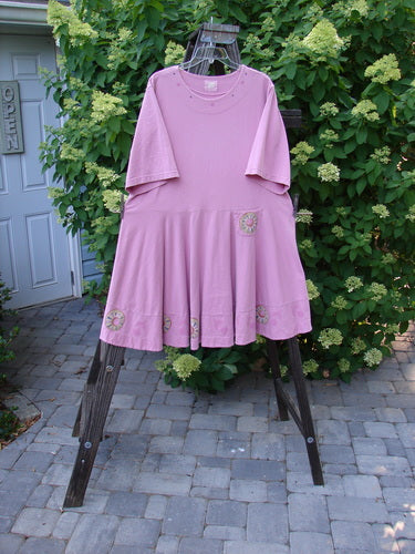 1999 Nest Dress Cherry Border Raspberry Size 2: A pink dress on a clothes rack, featuring a paneled neck, short springy sleeves, and a swingy lower.
