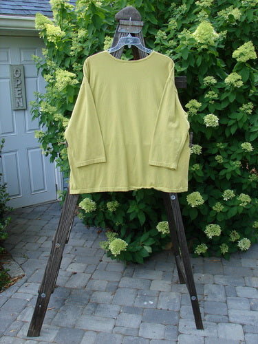 A long sleeved tee in citron with a multi floral theme. Made from organic cotton. Generous shape with three quarter length sleeves. Size 2.