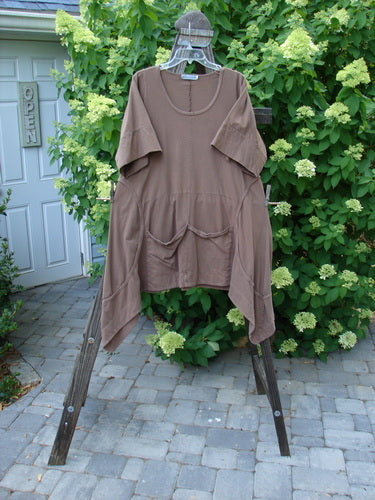 Image alt text: Barclay Double Pocket Bounce Tunic Dress, a brown shirt on a clothes rack with oversized front drop bushel pockets.