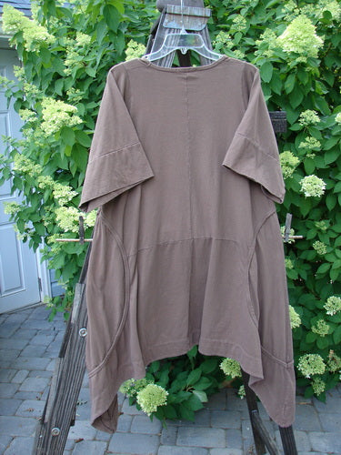 A brown Barclay Double Pocket Bounce Tunic Dress, size 1, made of medium weight organic cotton. Features include wrap-around side curvy sectional exterior seams, oversized front drop bushel pockets, and a dramatic upward scooped hemline.