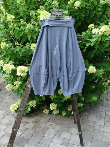 Barclay Cotton Lycra Fold Over Crop 4 Square Pant in Mulberry, Size 0. A pair of pants on a rack, clothes line, and wooden ladder.