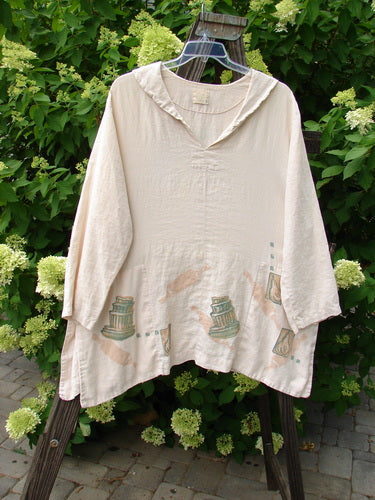 1999 Linen Antique Top Baker Tea Dye Size 1: White shirt with painted design, V neckline, vented sides, and hidden pockets.