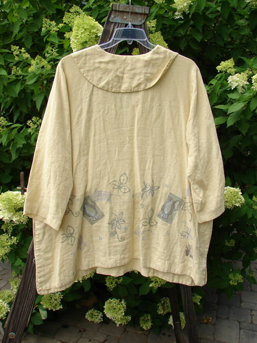 1999 Linen Antique Top Garden Plantain Size 1: Beige jacket with floral design, V-neckline, hidden pockets, and vented sides. Made from medium weight linen.