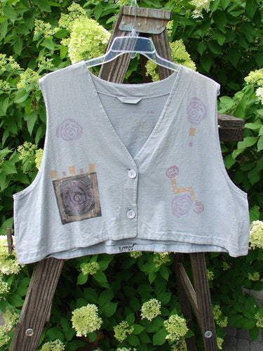 1994 Spruance Vest with Rose Fern design on Solstice Blue fabric, featuring a wide A-line flare and unique crop layering length.